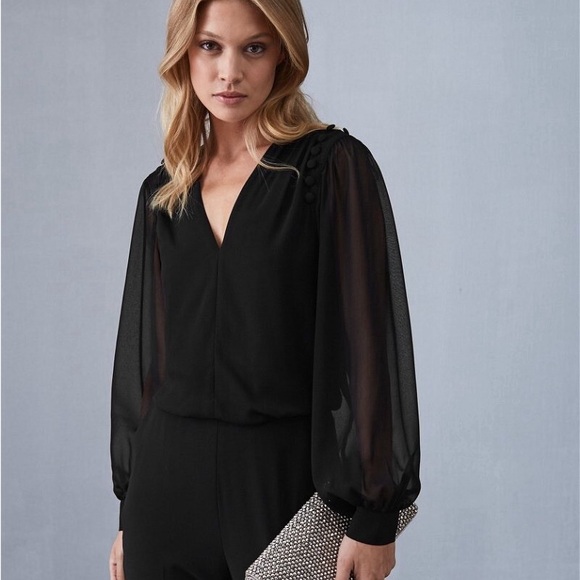 REISS Adeliza Women Button Detail Black Jumpsuit Long Sheer Sleeves - Picture 3 of 9